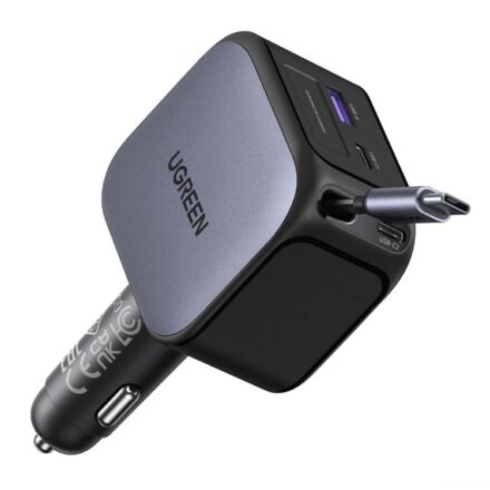 ⁧شاحن سيارة سريع UGREEN 55910 بقوة 100 واط، مزود بكابل USB-C قابل للسحب (60 واط) ومنفذ USB-A ومنفذي USB-C.⁩